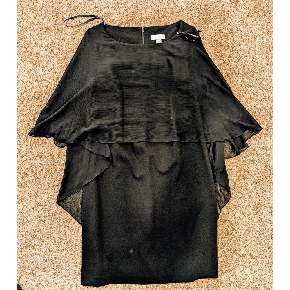 Calvin Klein Womens Size 6 Black Chiffon Popover Cape Sheath Dress Cocktail 1049